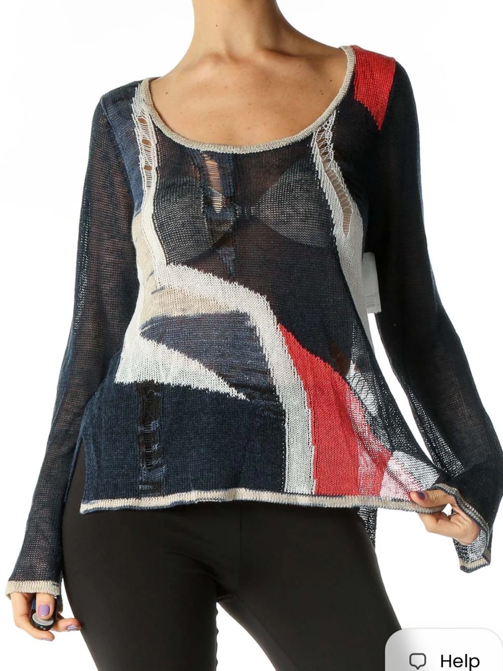 RACHEL Rachel Roy Navy Scoop-Neck Open Knit Sweater with Coral & Cream Accents
